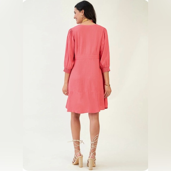 J Jill Linen Blend Button Front Midi Dress with Smocked Cuffs in Guava Size L - Picture 2 of 9